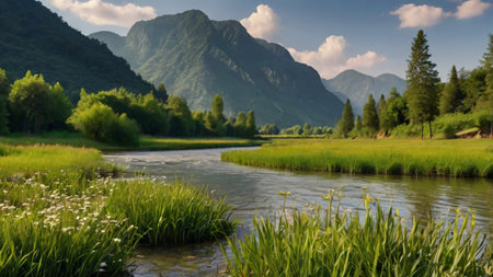 Beautiful mountain landscape with a river in the foreground and green grassの写真素材
