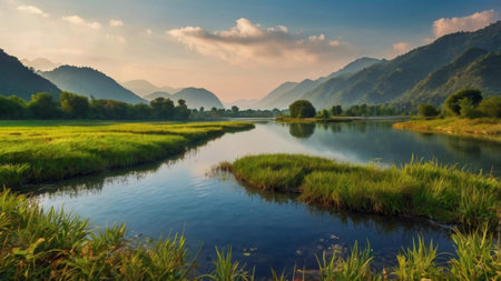 Landscape of river and mountains in the morning. Nature composition.の写真素材