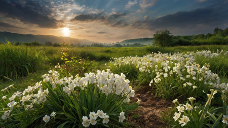 Beautiful white flower on the rice field at sunrise in the morning.の写真素材