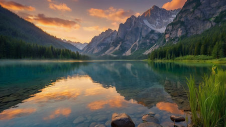 Mountain lake at sunrise with reflection in water, Dolomites, Italyの写真素材