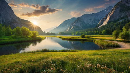 Panoramic view of alpine lake and mountains at sunset, Austriaの写真素材