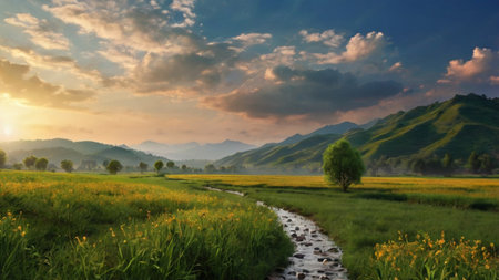 Landscape of rice field and mountain with beautiful sky at sunset.の写真素材