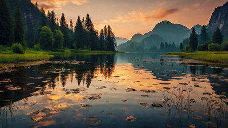 Sunset over the lake in Yosemite National Park, California, USAの写真素材