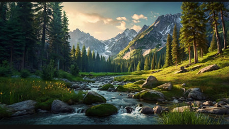 Panorama of a mountain river and forest on the background of mountainsの写真素材