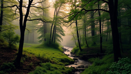 Misty morning in the forest with a river flowing through it.の写真素材