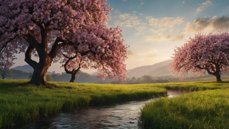 Beautiful cherry blossom tree in the meadow at sunset.の写真素材