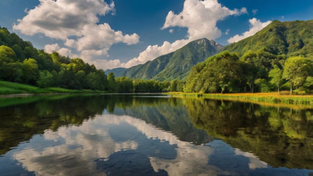 Mountains reflected in the lake. Beautiful summer landscape in the mountains.の写真素材