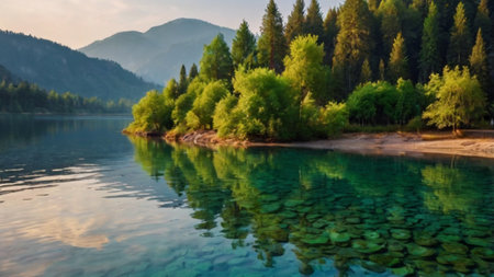 Beautiful view of the mountain lake with green trees and reflection in waterの写真素材