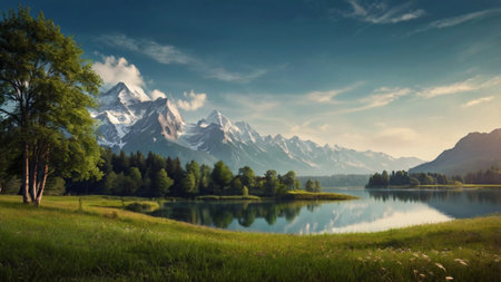 Mountain lake in the summer. Panoramic view of the mountains.の写真素材