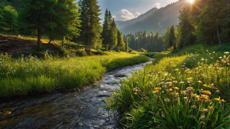 Beautiful summer landscape with mountain river and green meadow in sunlight