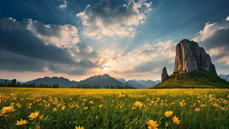 panoramic view of meadow with yellow flowers and mountain peakの写真素材