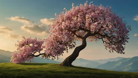 Beautiful pink cherry blossom tree on green meadow in mountainsの写真素材