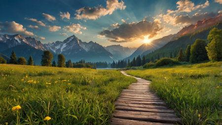 Wooden boardwalk on the green meadow in the mountains at sunsetの写真素材