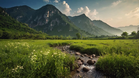 Panorama of mountain river in the meadow with green grass.の写真素材