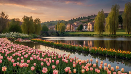 Tulips blooming in the garden at sunset. Spring landscape.の写真素材