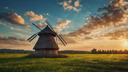 Old windmills on the field at sunset. Landscape.の写真素材