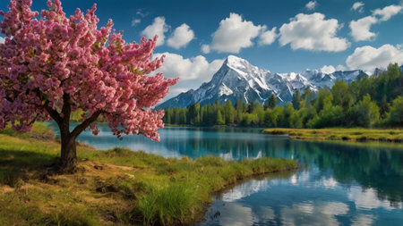 Beautiful spring landscape with blooming tree and lake in mountains.の写真素材