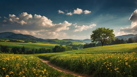 Panoramic view of a beautiful meadow with yellow flowers in the mountains
