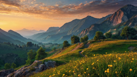 Sunset in the mountains. Panoramic view of the valley with yellow flowers.