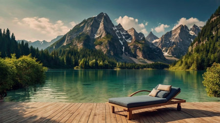 Wooden deck chair on the background of alpine lake and mountainsの写真素材
