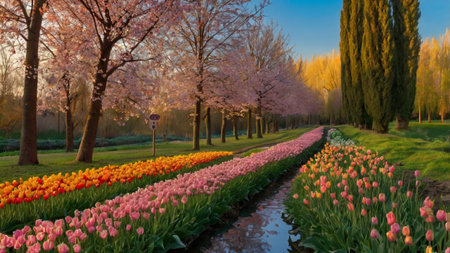 Tulips and cherry blossom in Keukenhof park in Netherlandsの写真素材