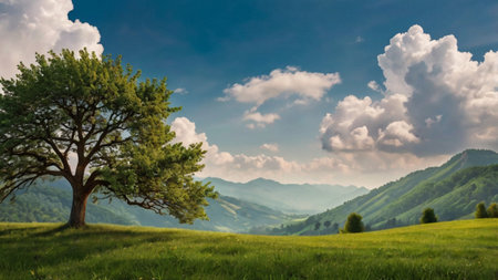 Beautiful summer landscape with green meadow and lonely tree on hillsideの写真素材