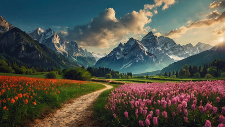 Fantastic panoramic landscape with blooming meadow and high mountains in the backgroundの写真素材