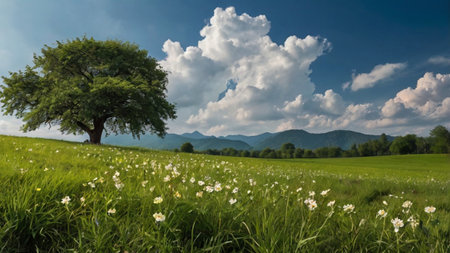 Lonely tree on a meadow in the Carpathiansの写真素材