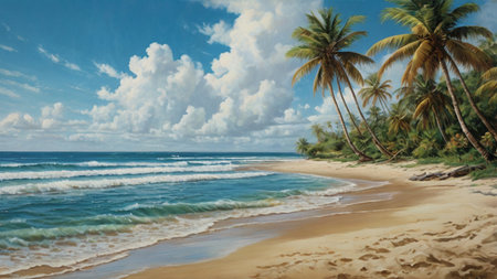 Tropical beach with palm trees and sand under blue sky with cloudsの写真素材