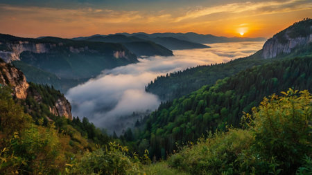 Foggy morning in the mountains. Landscape with fog in the valley.の写真素材