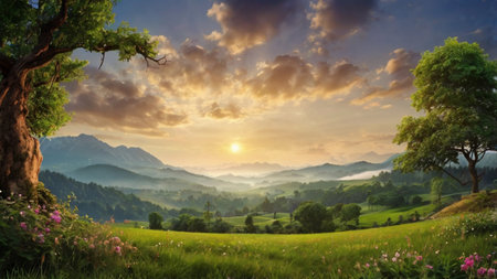 Panoramic view of beautiful sunrise in the mountains. Summer landscape.の写真素材
