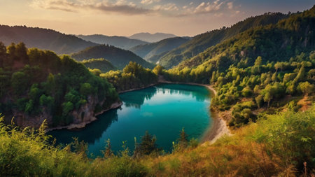 Beautiful summer landscape with turquoise lake in mountains at sunsetの写真素材