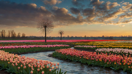 Tulip fields in Holland at sunset. Beautiful spring landscape.の写真素材