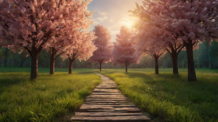 Cherry blossoms blooming in the park at sunset. Spring landscape.の写真素材