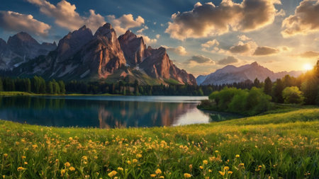Panoramic view of the famous Dolomites mountain lake, Italyの写真素材