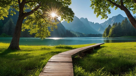 Wooden path leading to the lake with a view of the mountainsの写真素材