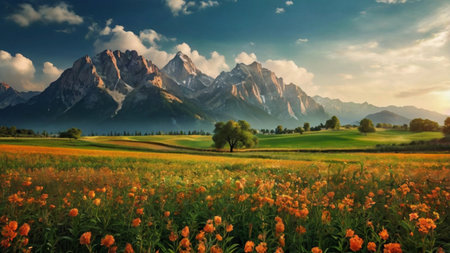 Beautiful spring landscape with meadow and mountains in the background.の写真素材