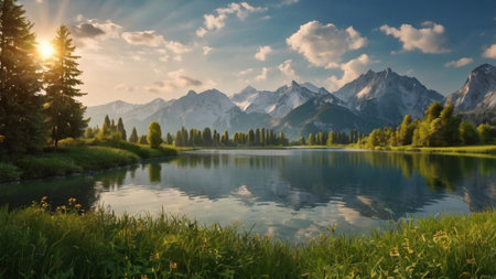 Panoramic view of alpine lake and mountains at sunset. Beautiful summer landscape.