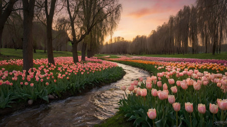 Tulips blooming in the park at sunset, Netherlands.の写真素材