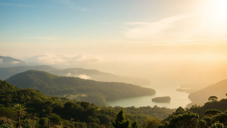 Beautiful landscape of mountains and lake in the morning at Phu Kradueng National Park, Loei, Thailandの写真素材