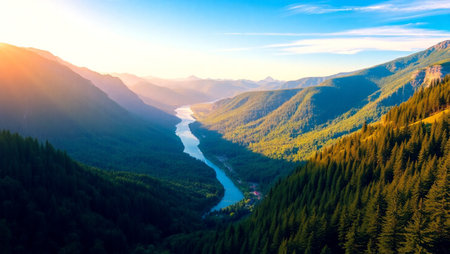 Aerial view of mountains and river at sunset. Beautiful summer landscapeの写真素材