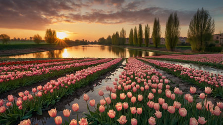 Tulip fields in the Netherlands at sunset. Colorful tulips in the Netherlands.