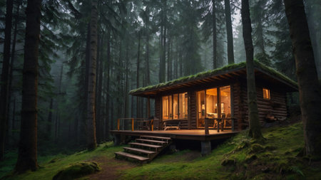 Wooden log cabin in the middle of the forest in the fog