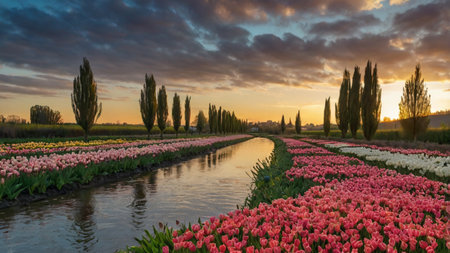 Tulips blooming in the Netherlands at sunset in spring.の写真素材