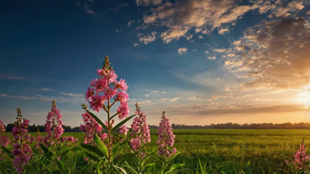 Sunset over a field with pink flowers and a blue sky with cloudsの写真素材