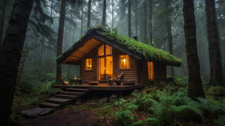 Wooden cottage in the forest at night with fog in the background