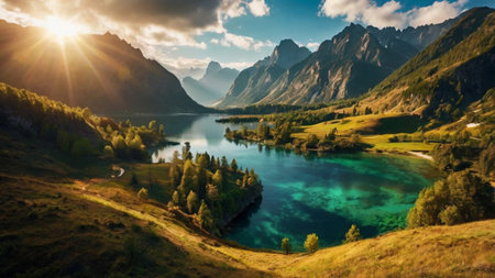 panoramic view of alpine lake at sunset, Alps