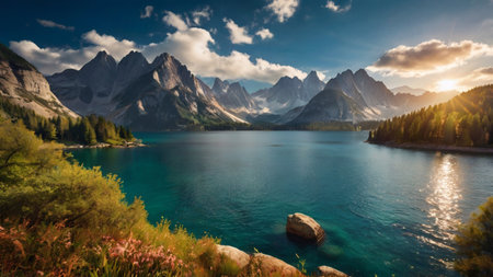 Fantastic panoramic view of the lake and mountains. Dramatic sky.の写真素材