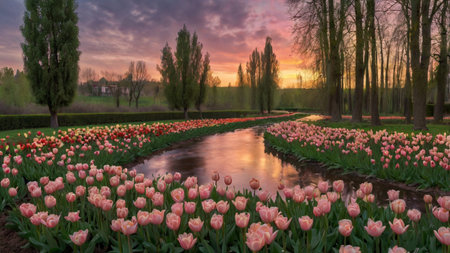 Tulips blooming in the garden at sunset, Holland.の写真素材