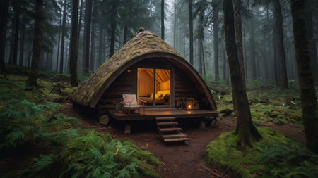 Camping in the woods. Camping tent in the forest.の写真素材